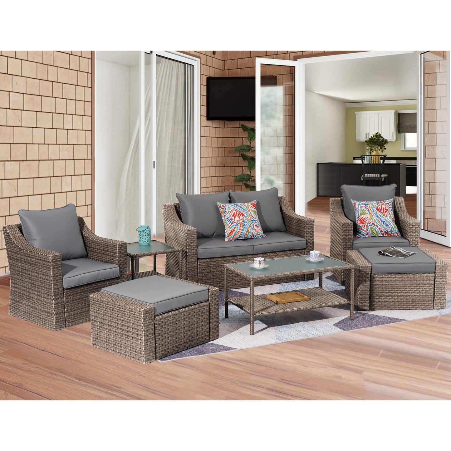 Outdoor Patio Sectional Furniture Set, 7 Piece PE Wicker Patio Conversation Sets Couch with Washable Cushions & Glass Table, Outdoor Rattan Sofa for Garden, Lawn, Backyard (Gray)