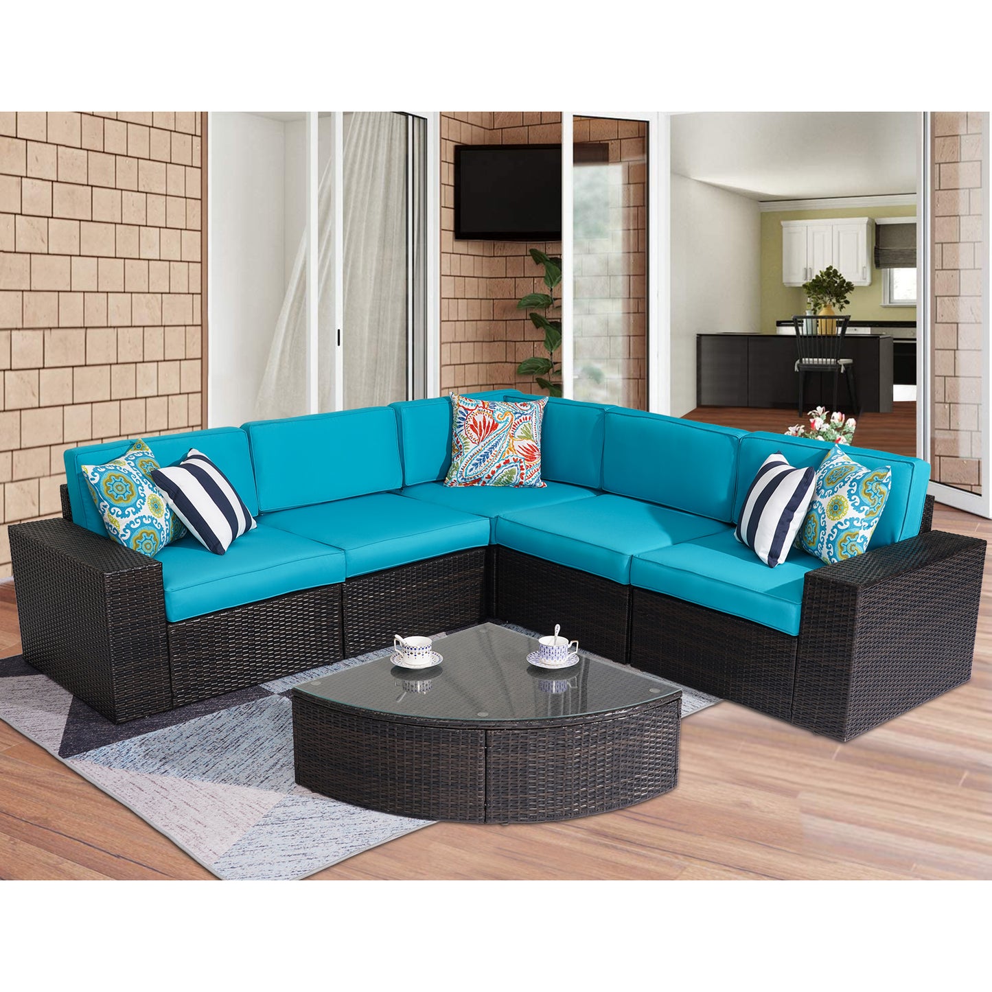 Outdoor Patio Furniture Sets, 6-Piece Patio Sectional Furniture Set, All-Weather Rattan Wicker Patio Sofa Chair, Blue