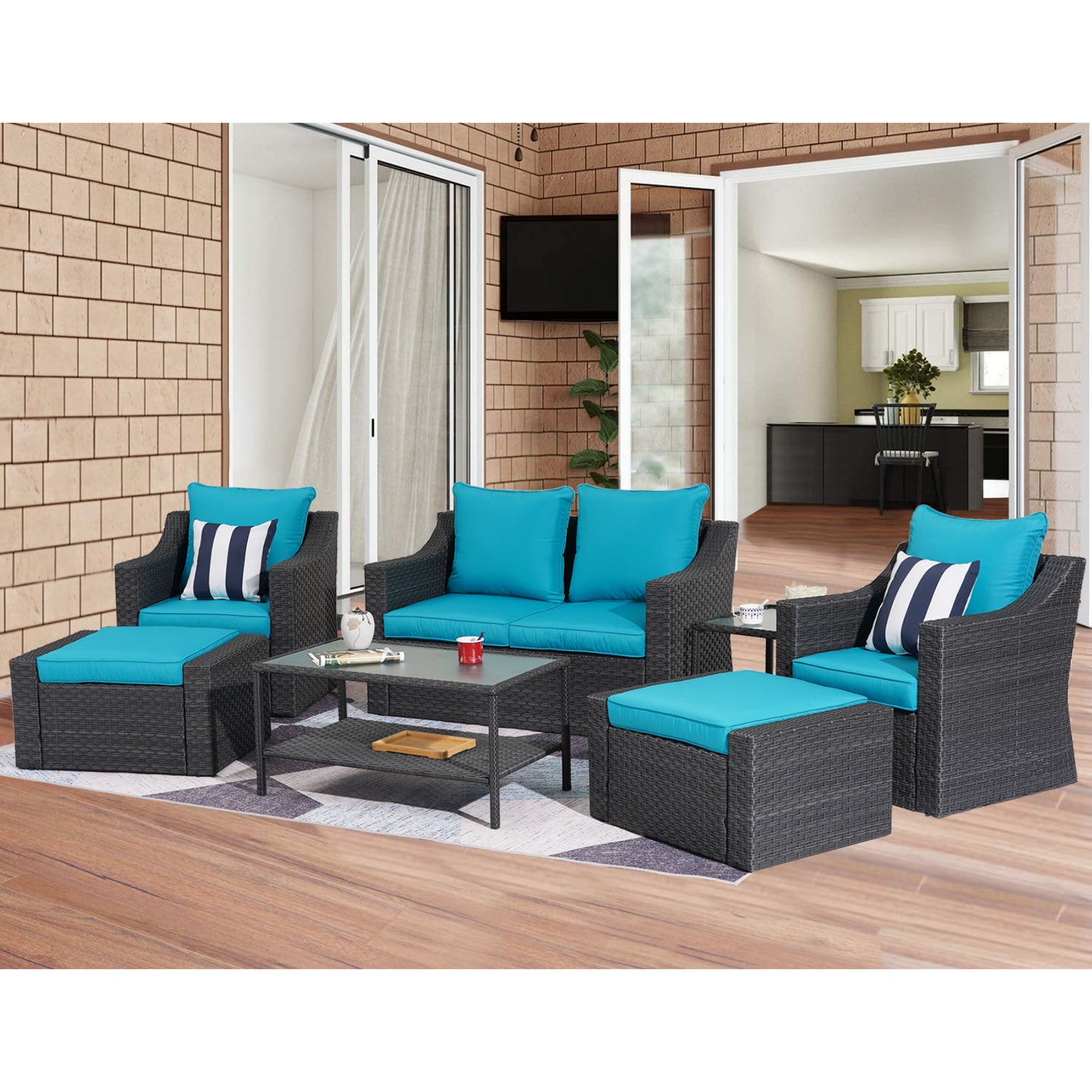 Outdoor Patio Sectional Furniture Set, 7 Piece PE Wicker Patio Conversation Sets Couch with Washable Cushions & Glass Table, Outdoor Rattan Sofa for Garden, Lawn, Backyard (Blue)