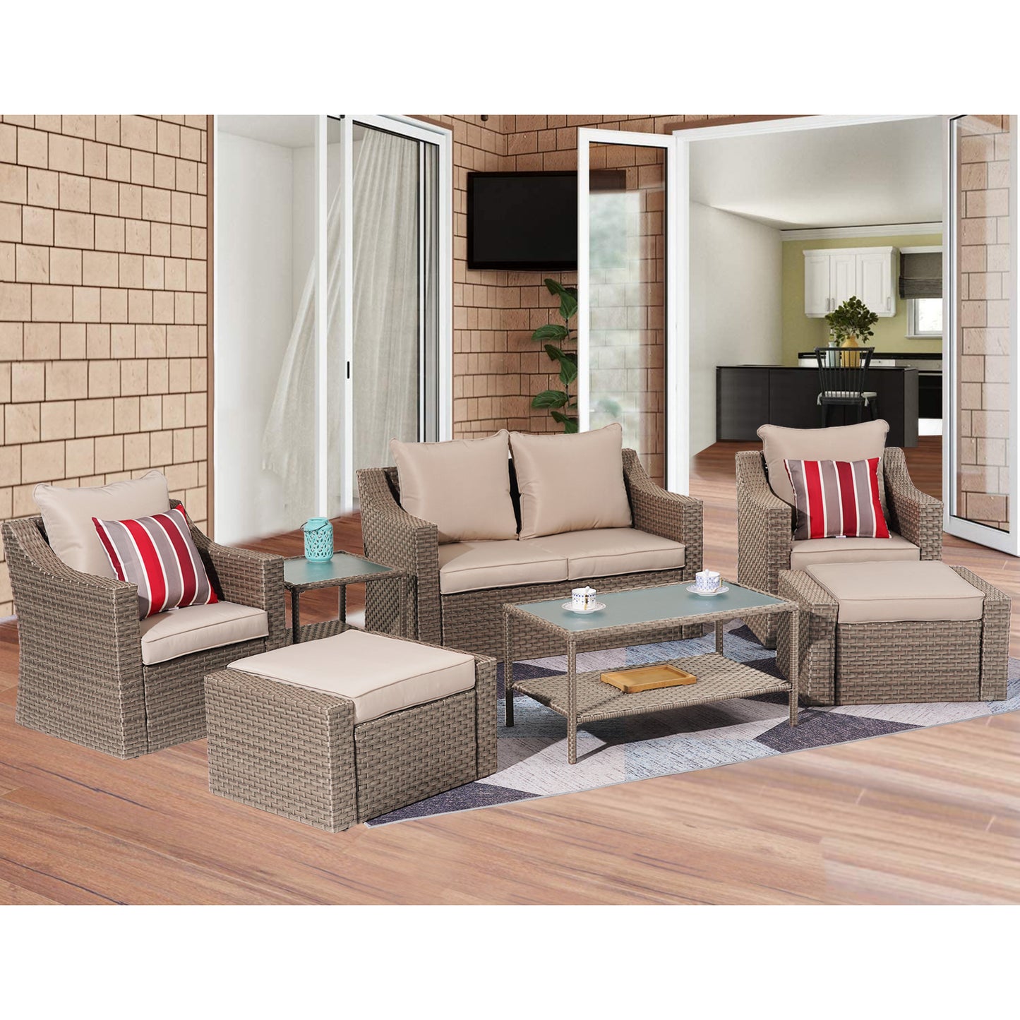 Outdoor Patio Sectional Furniture Set, 7 Piece PE Wicker Patio Conversation Sets Couch with Washable Cushions & Glass Table, Outdoor Rattan Sofa for Garden, Lawn, Backyard (Khaki)