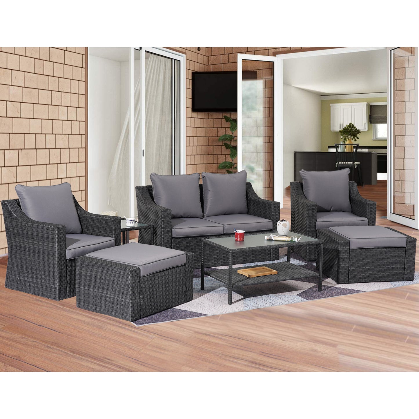 Outdoor Patio Sectional Furniture Set, 7 Piece PE Wicker Patio Conversation Sets Couch with Washable Cushions & Glass Table, Outdoor Rattan Sofa for Garden, Lawn, Backyard (Gray)