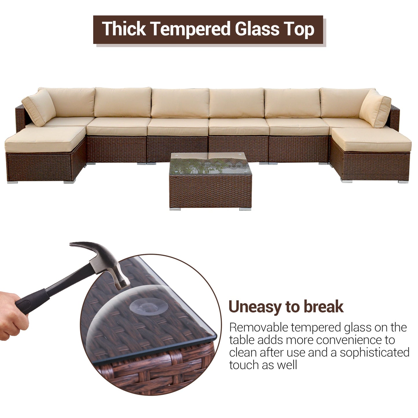 Patio Furniture Sets 9 Piece Outdoor Conversation Set, All Weather Brown PE Wicker Furniture Set with Glass Table, Ottoman Sofas, Removabl Cushions