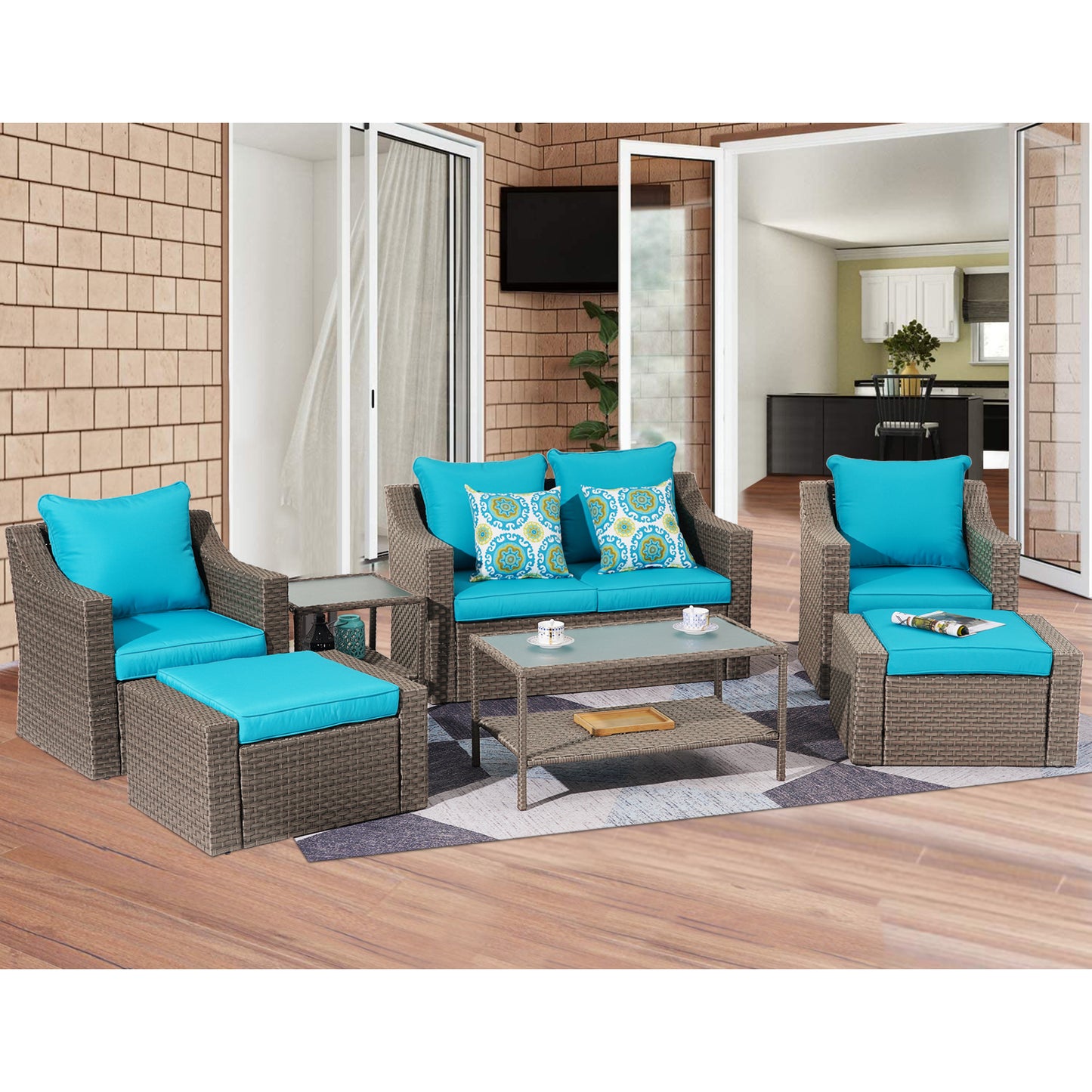 Outdoor Patio Sectional Furniture Set, 7 Piece PE Wicker Patio Conversation Sets Couch with Washable Cushions & Glass Table, Outdoor Rattan Sofa for Garden, Lawn, Backyard (Blue)