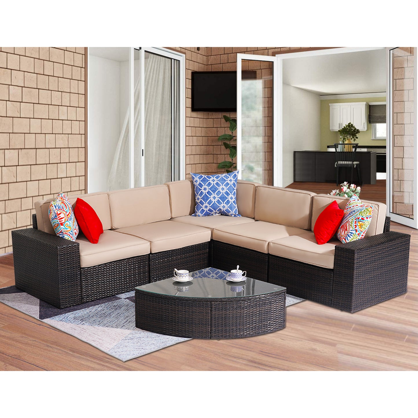 Outdoor Patio Furniture Set, 6-Piece Outdoor Conversation Sets All Weather Rattan Wicker Sectional Sofa Sets, Coffee