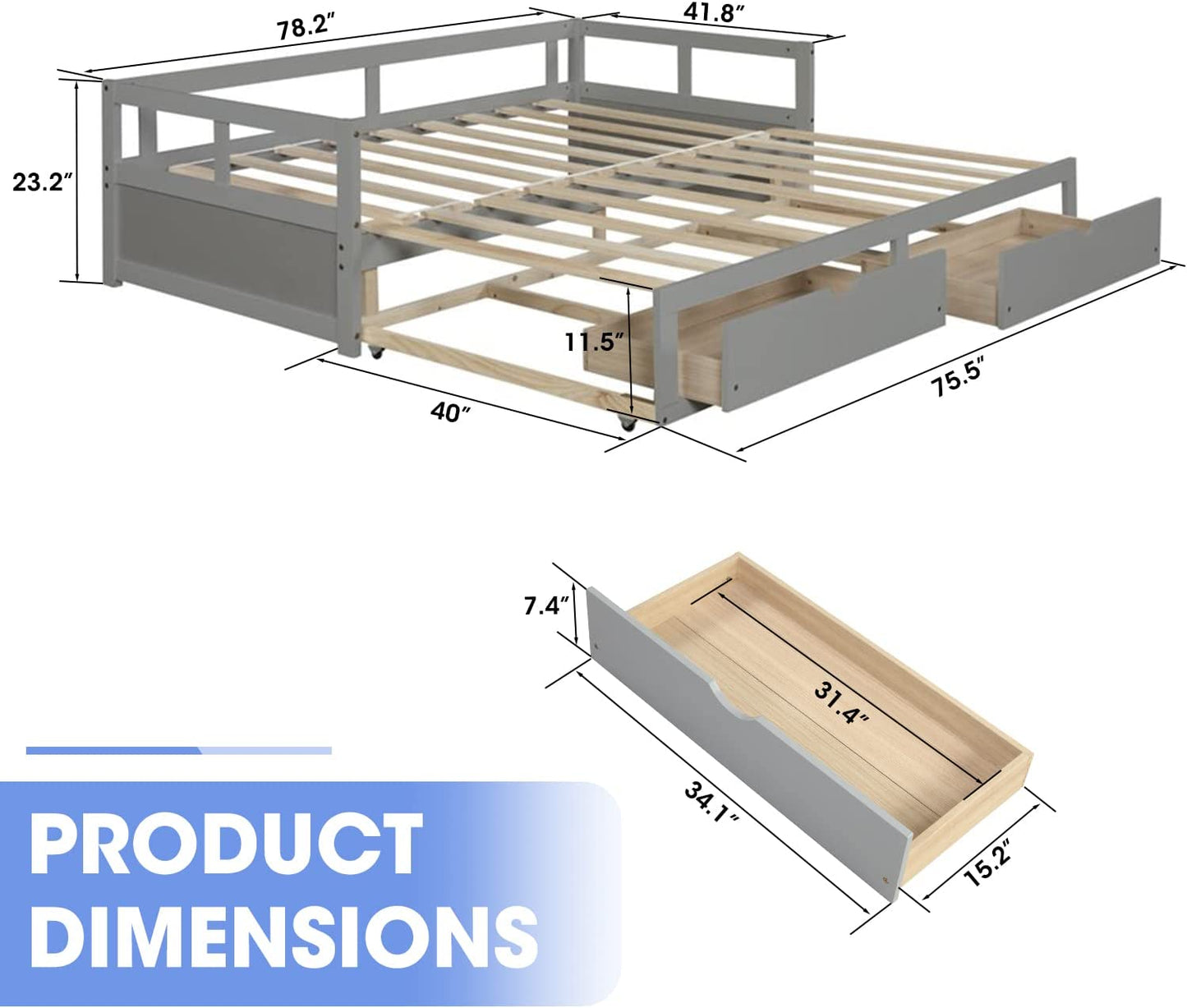 Extendable Daybed with Trundle and 2 Storage Drawers, Twin to King Daybed with Wood Roll Out Bed Frame