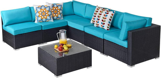 Outdoor Patio Furniture Set, 7 Pieces Outdoor Sectional Sofa Set All-Weather Rattan Conversation Set with Table, Blue