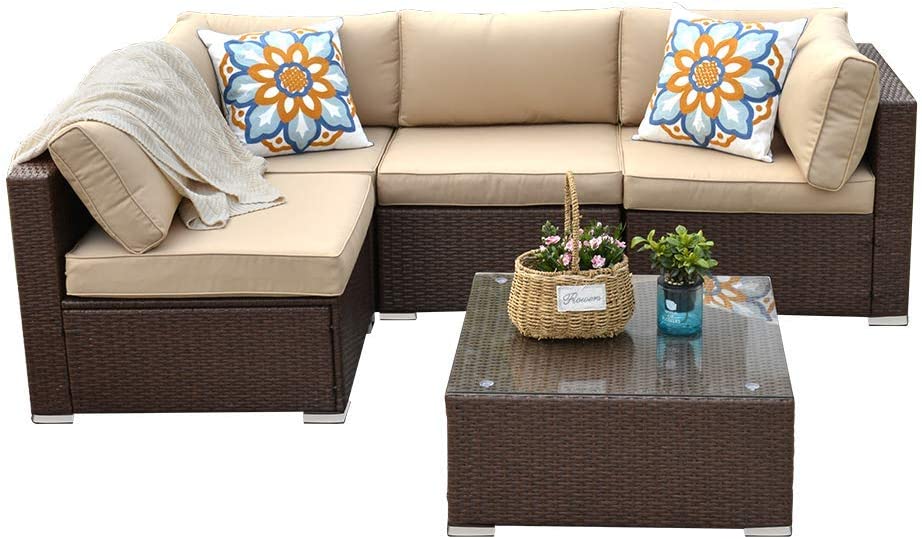 5 Piece Patio Furniture Sets, All-Weather Wicker Rattan Outdoor Sectional Couch Sofa with Tea Table & Washable Cushions