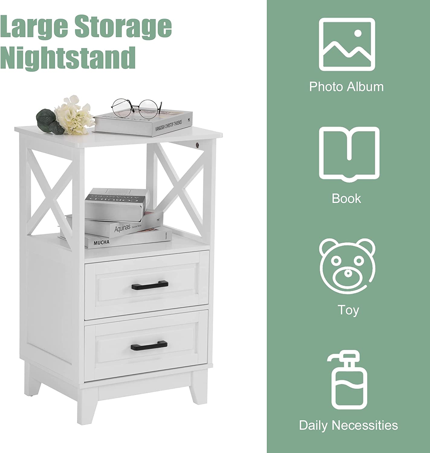 White Nightstand with 2 Drawers, Wood Bedside Tall End Table