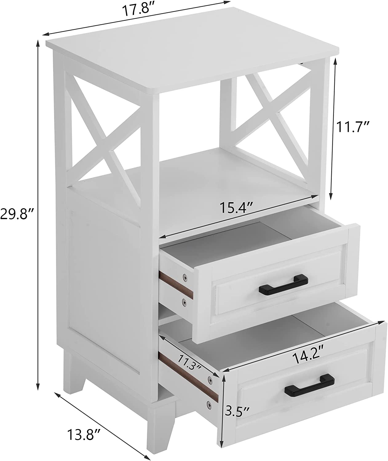 White Nightstand with 2 Drawers, Wood Bedside Tall End Table