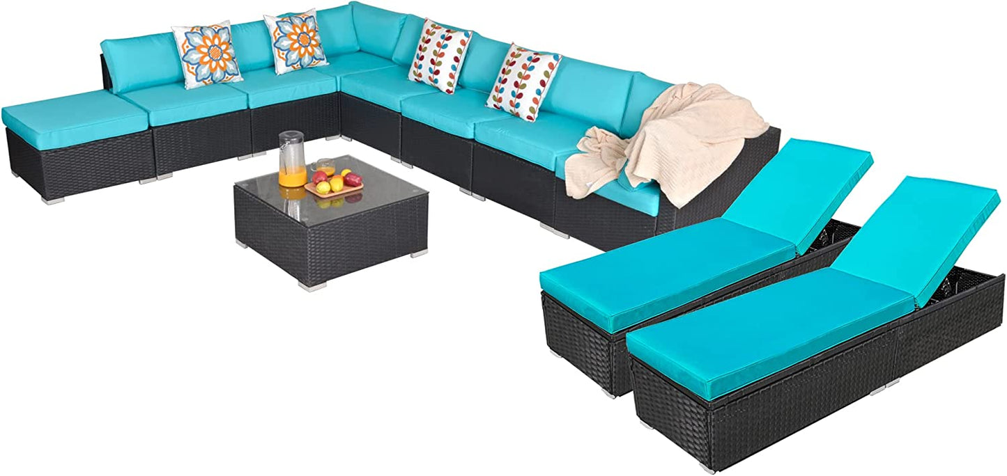 11 Piece Patio Furniture Set with Chaise Lounge Chairs, All-Weather Wicker Patio Conversation Set, Outdoor Sectional Sofa with Coffee Table