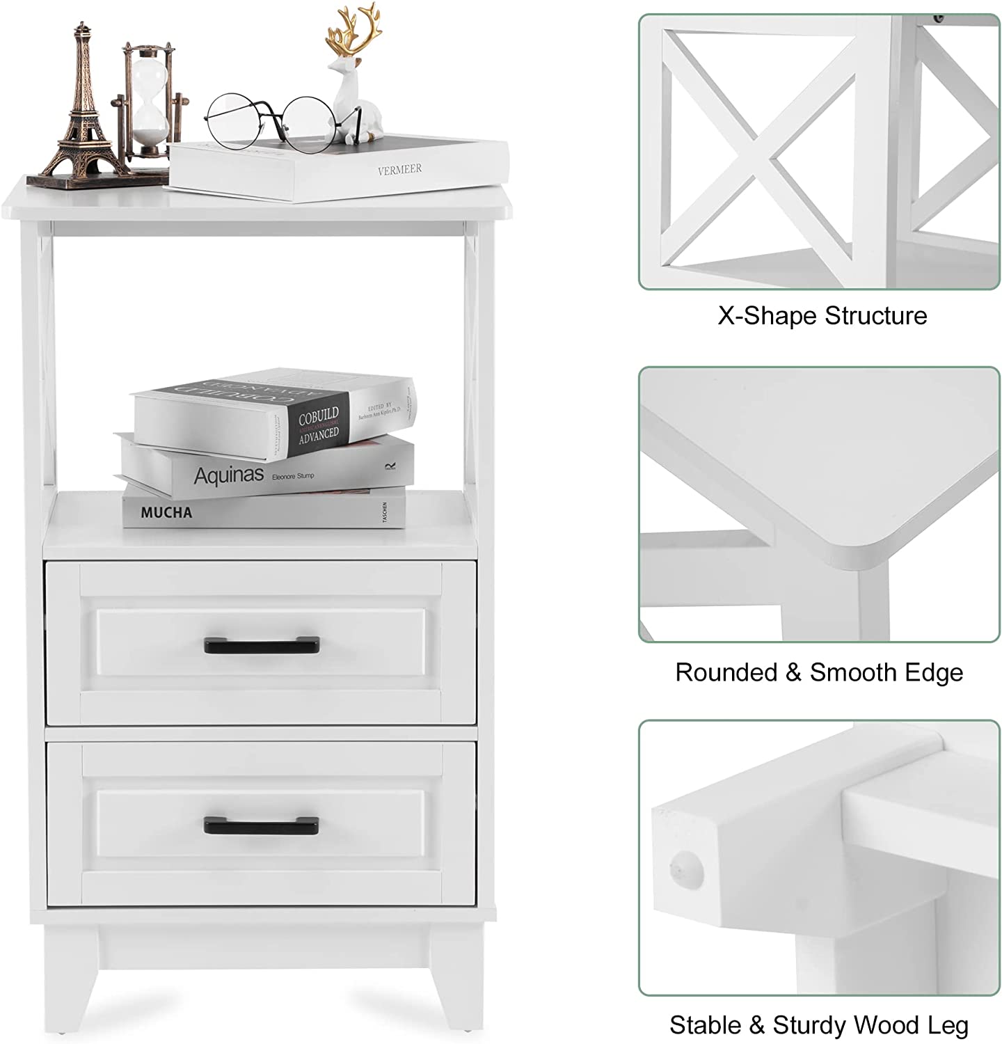 White Nightstand with 2 Drawers, Wood Bedside Tall End Table