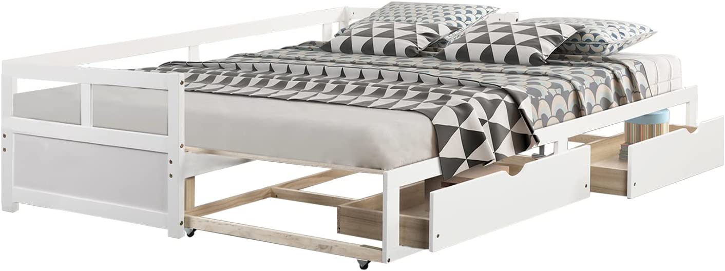 Extendable Daybed with Trundle and 2 Storage Drawers, Twin to King Daybed with Wood Roll Out Bed Frame