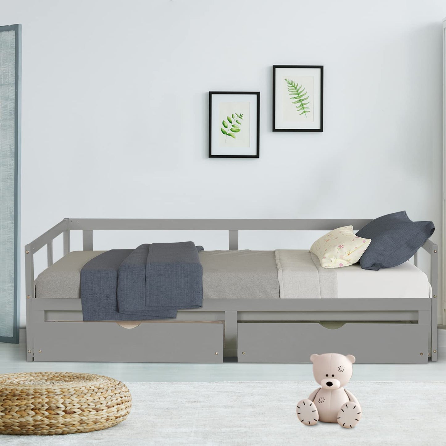 Extendable Daybed with Trundle and 2 Storage Drawers, Twin to King Daybed with Wood Roll Out Bed Frame