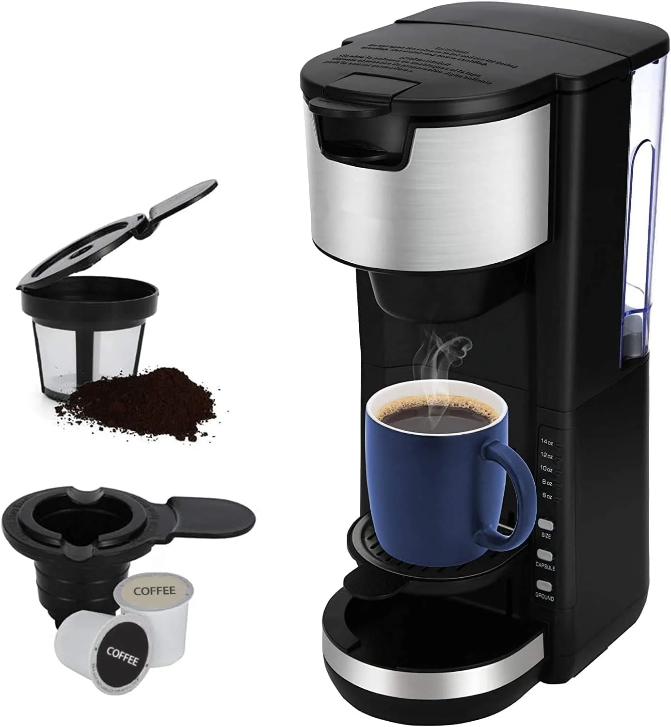 Single Serve Coffee Maker K Cup & Ground Coffee, One Cup Brews 6-14 Oz in 2  Mins, Fits Travel Mugs, with 30 Oz Removable Water Tank, Reuseable Filter