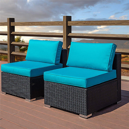 Outdoor Patio Loveseat-2 Piece Rattan Wicker Sofa Chair with Blue Cushion - Sunvivi