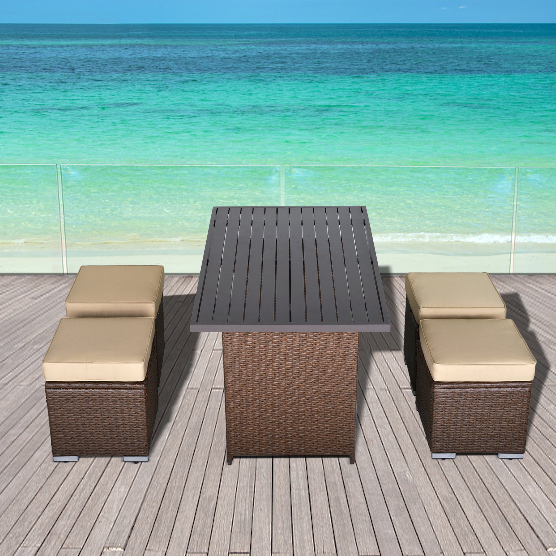 5 Piece Dining Set with 4 Ottoman and Table, Brown - Sunvivi