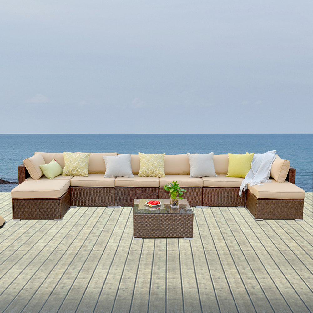 Patio Furniture Sets 9 Piece Outdoor Conversation Set, All Weather Brown PE Wicker Furniture Set with Glass Table, Ottoman Sofas, Removabl Cushions
