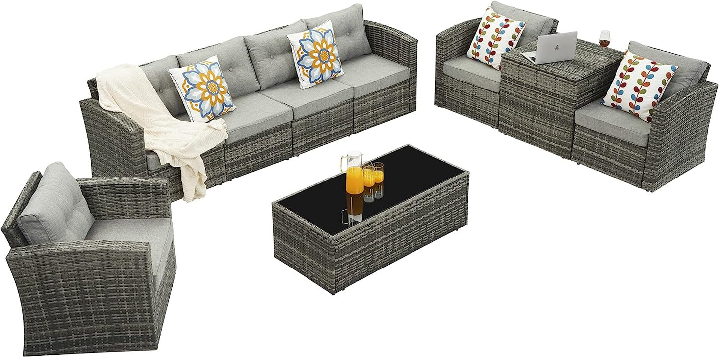 Outdoor Patio Furniture Set,9 Pieces Outdoor Sectional Wicker Sofa PE Rattan Conversation Sets with Non-slip Cushions,Aluminum Frame,Grey