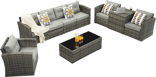 Outdoor Patio Furniture Set,9 Pieces Outdoor Sectional Wicker Sofa PE Rattan Conversation Sets with Non-slip Cushions,Aluminum Frame,Grey