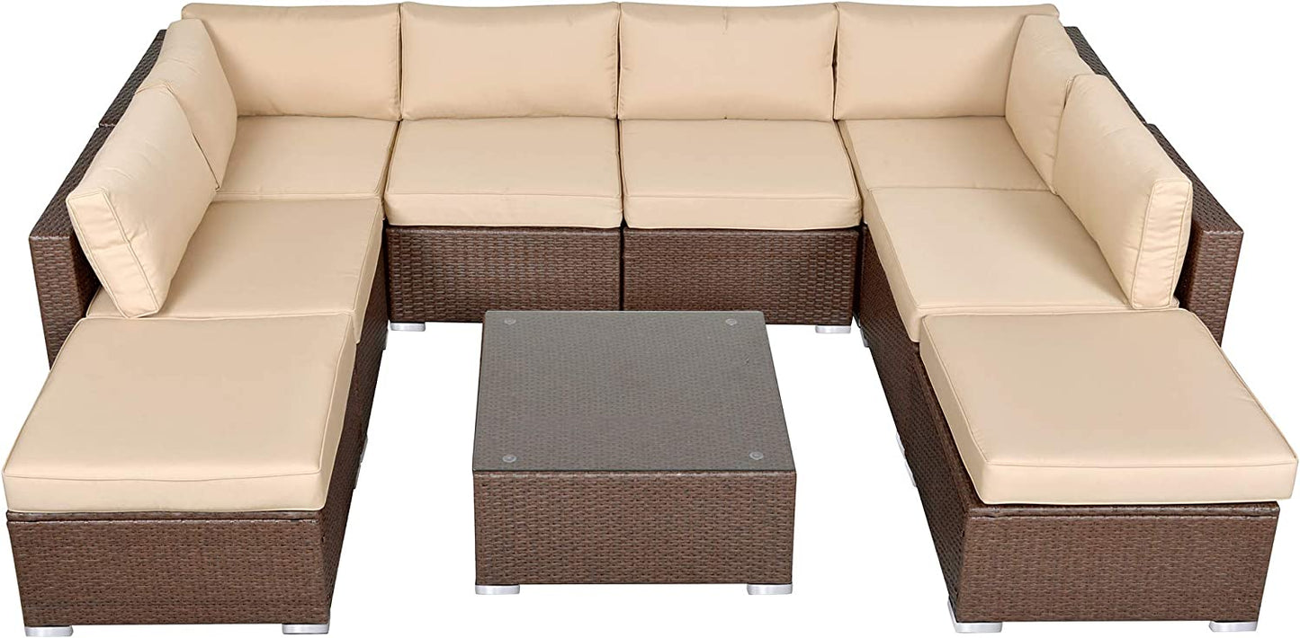 Patio Furniture Sets 9 Piece Outdoor Conversation Set, All Weather Brown PE Wicker Furniture Set with Glass Table, Ottoman Sofas, Removabl Cushions
