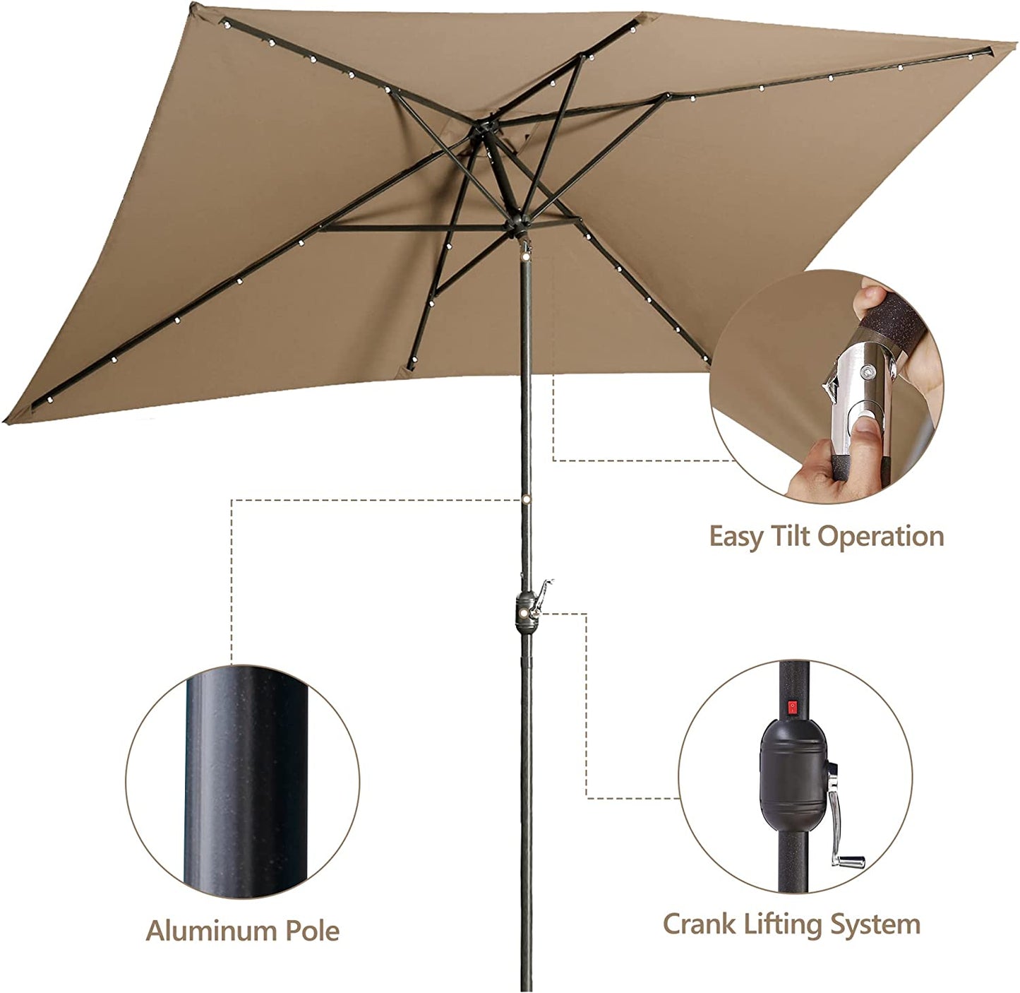 6.5x10ft Rectangular Patio Umbrella 30 LED with Push Button Tilt Crank 6 Ribs