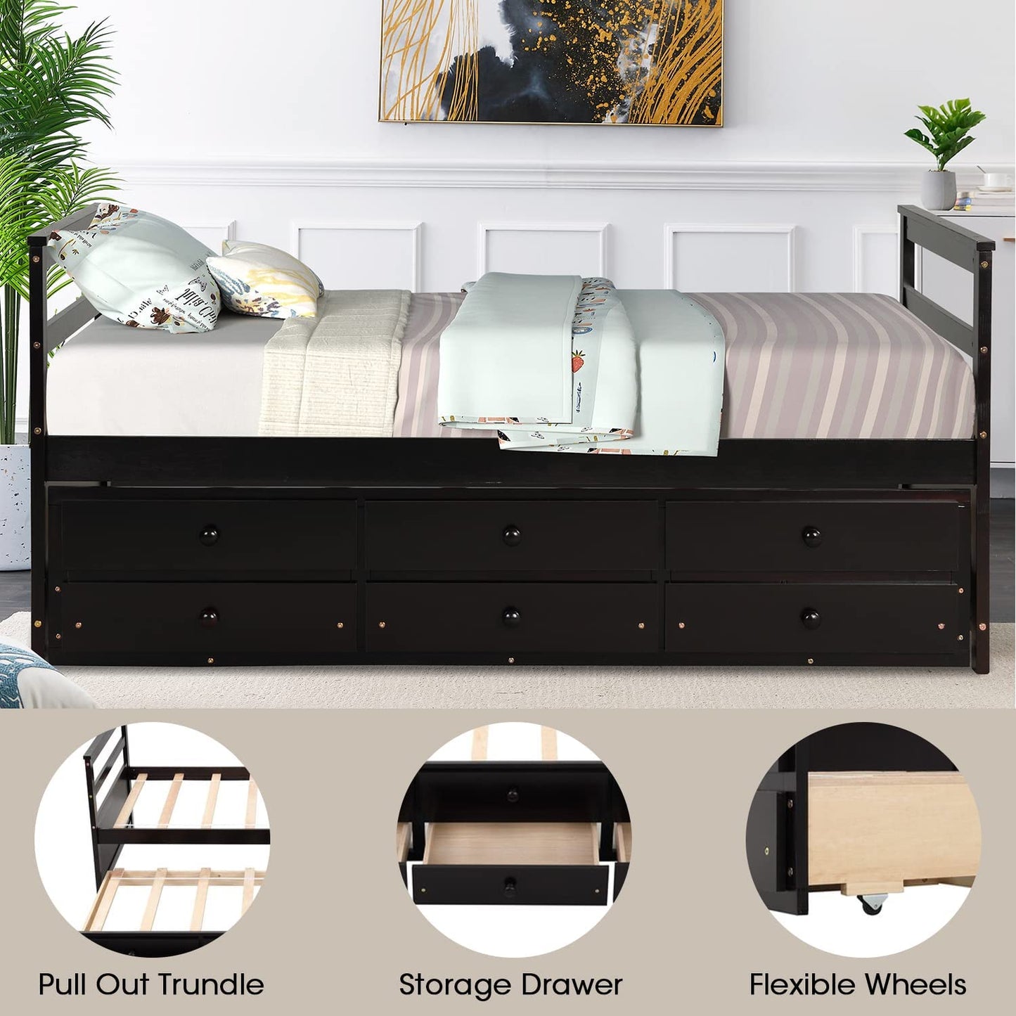 Twin Bed with Trundle and 3 Storage Drawers, Captain Bed Frame with Headboard and Footboard