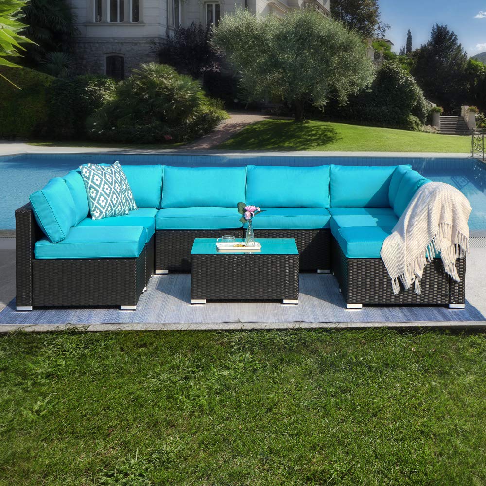 9 Piece Rattan Conversation Set with Coffee Table, Turquoise Cushions - Sunvivi