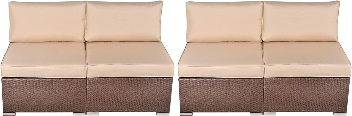4 Piece Patio Wicker Loveseat, Outdoor Sectional Armless Sofa Additional Furniture Set with Removable Turquoise Cushions