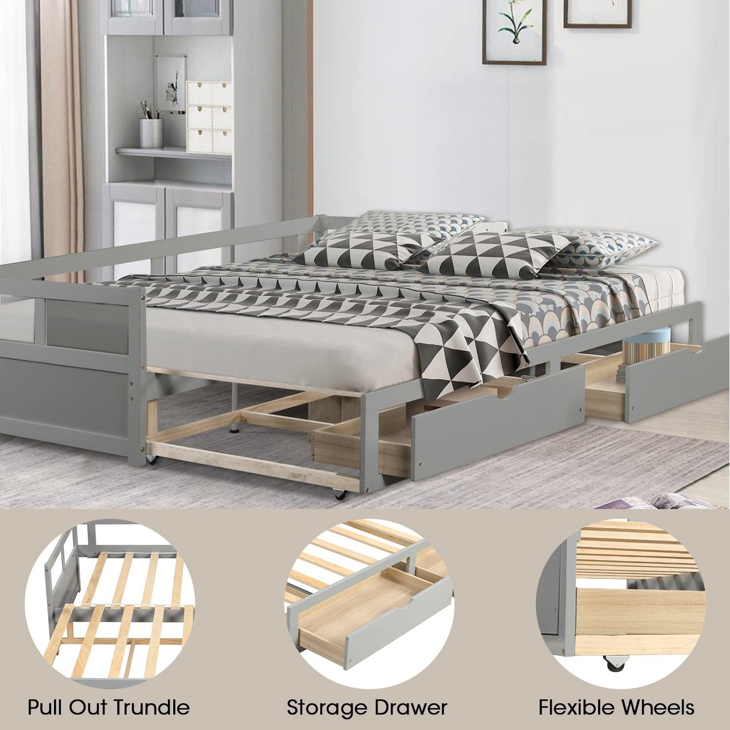 Extendable Daybed with Trundle and 2 Storage Drawers, Twin to King Daybed with Wood Roll Out Bed Frame