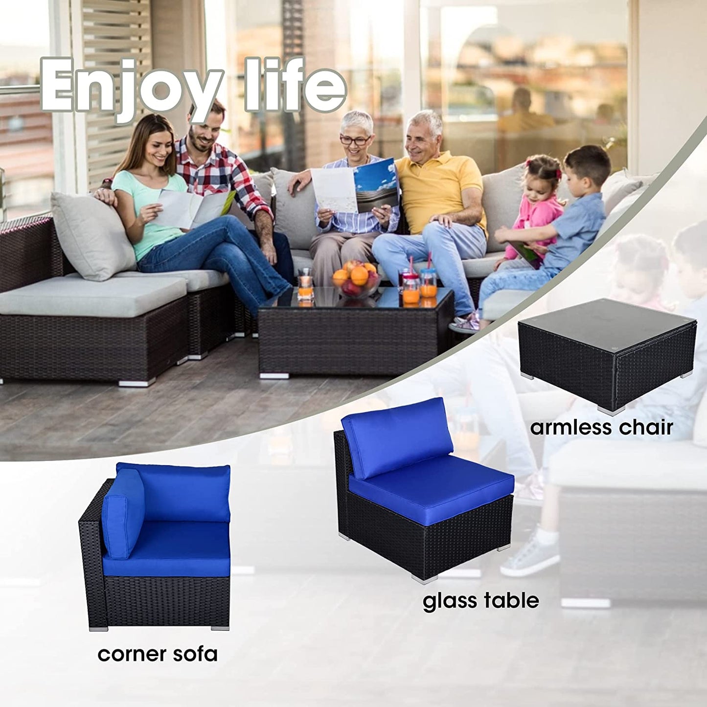 5 Piece Patio Furniture Sets, All-Weather Wicker Rattan Outdoor Sectional Couch Sofa with Tea Table & Washable Cushions
