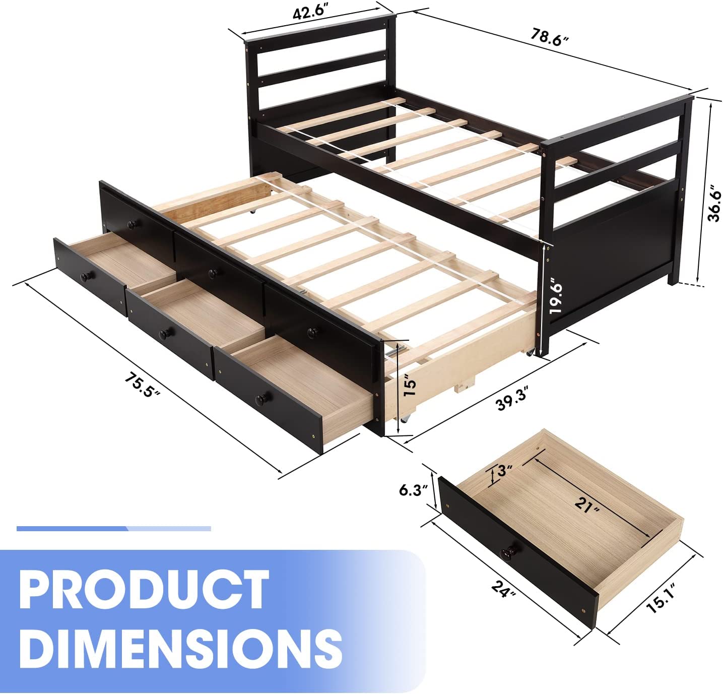 Twin Bed with Trundle and 3 Storage Drawers, Captain Bed Frame with Headboard and Footboard