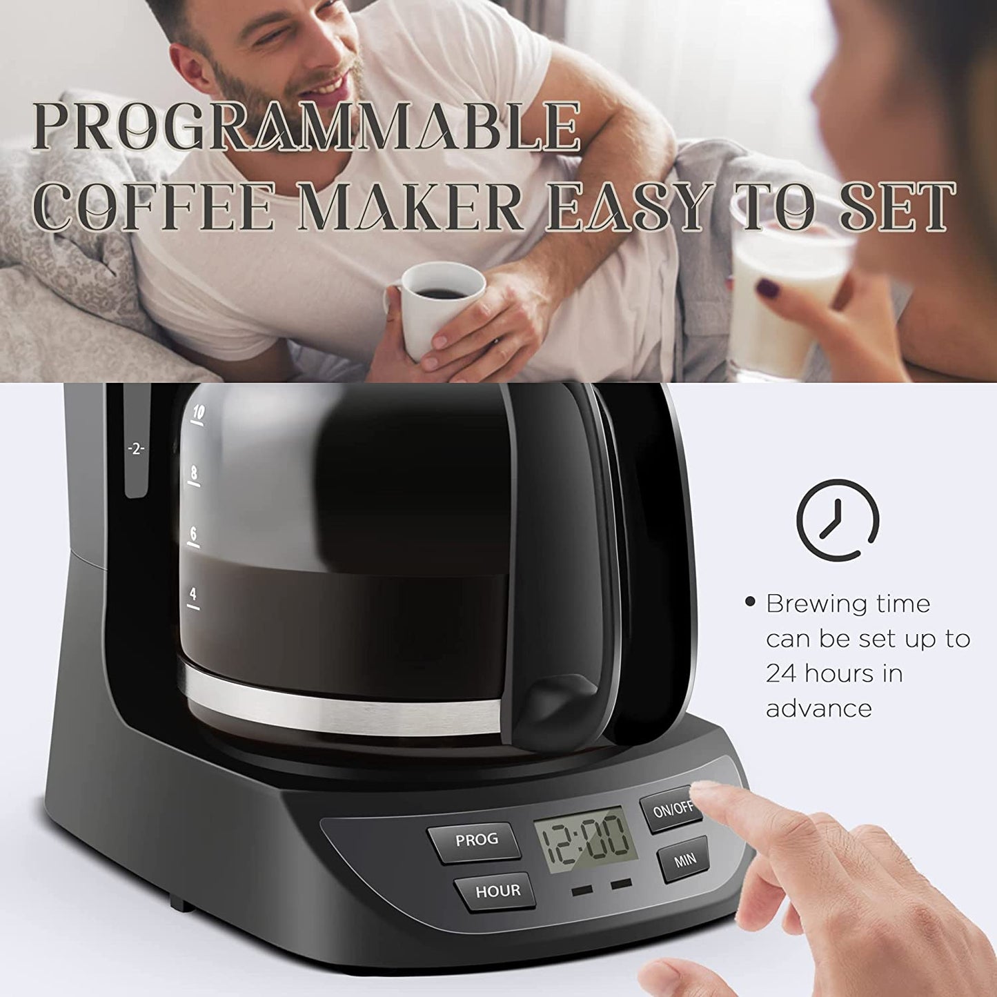 12 Cup Coffee Maker with Swing Out Basket, Programmable Coffee Maker Machine with Glass Carafe, Drip Coffee Pot with Permanent Filter, Keep Warm Function, Auto Pause & Serve, 900W, Black