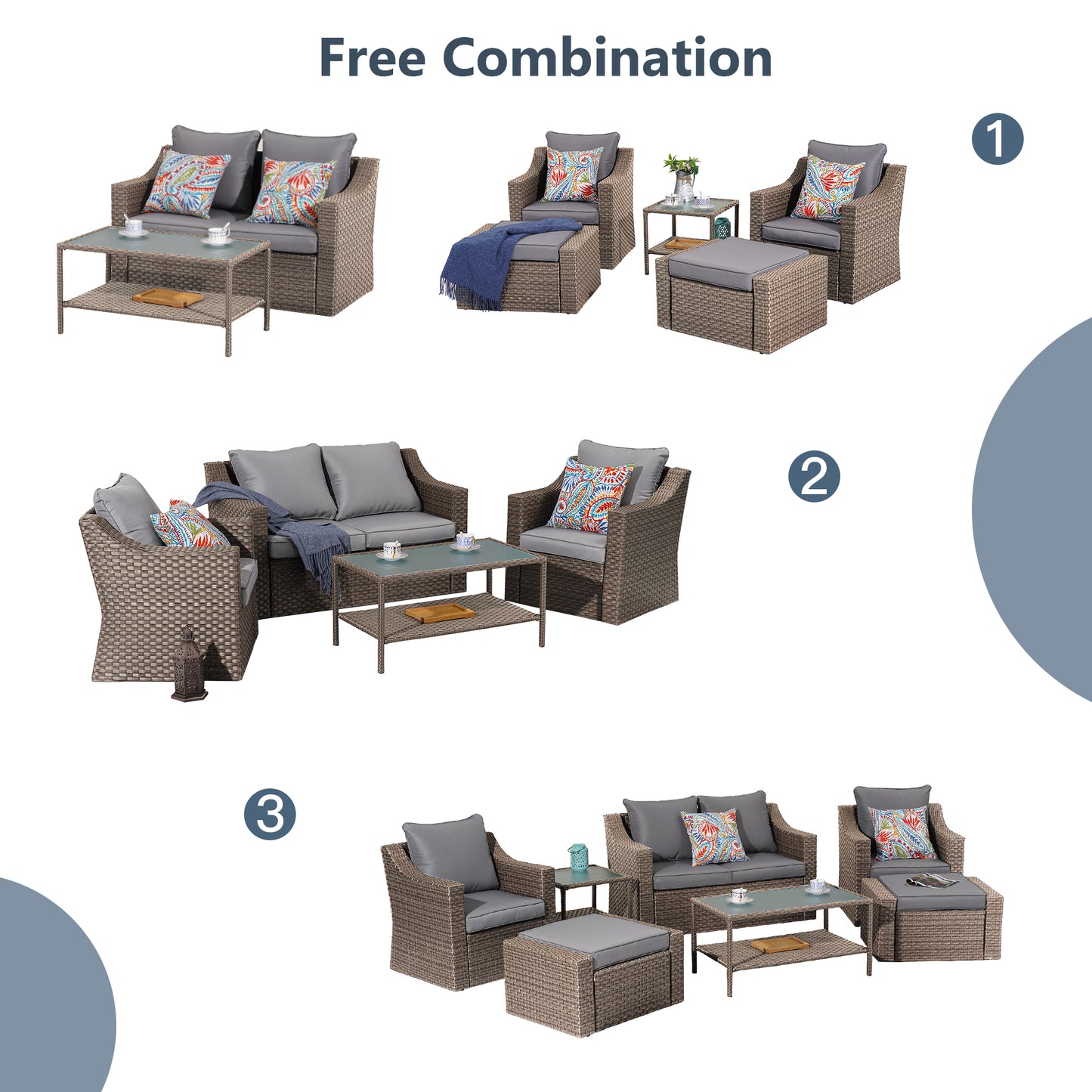Outdoor Patio Sectional Furniture Set, 7 Piece PE Wicker Patio Conversation Sets Couch with Washable Cushions & Glass Table, Outdoor Rattan Sofa for Garden, Lawn, Backyard (Gray)