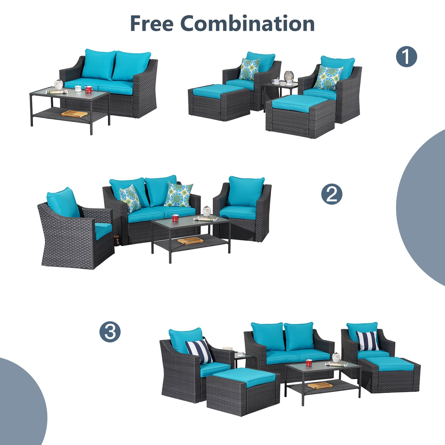 Outdoor Patio Sectional Furniture Set, 7 Piece PE Wicker Patio Conversation Sets Couch with Washable Cushions & Glass Table, Outdoor Rattan Sofa for Garden, Lawn, Backyard (Blue)