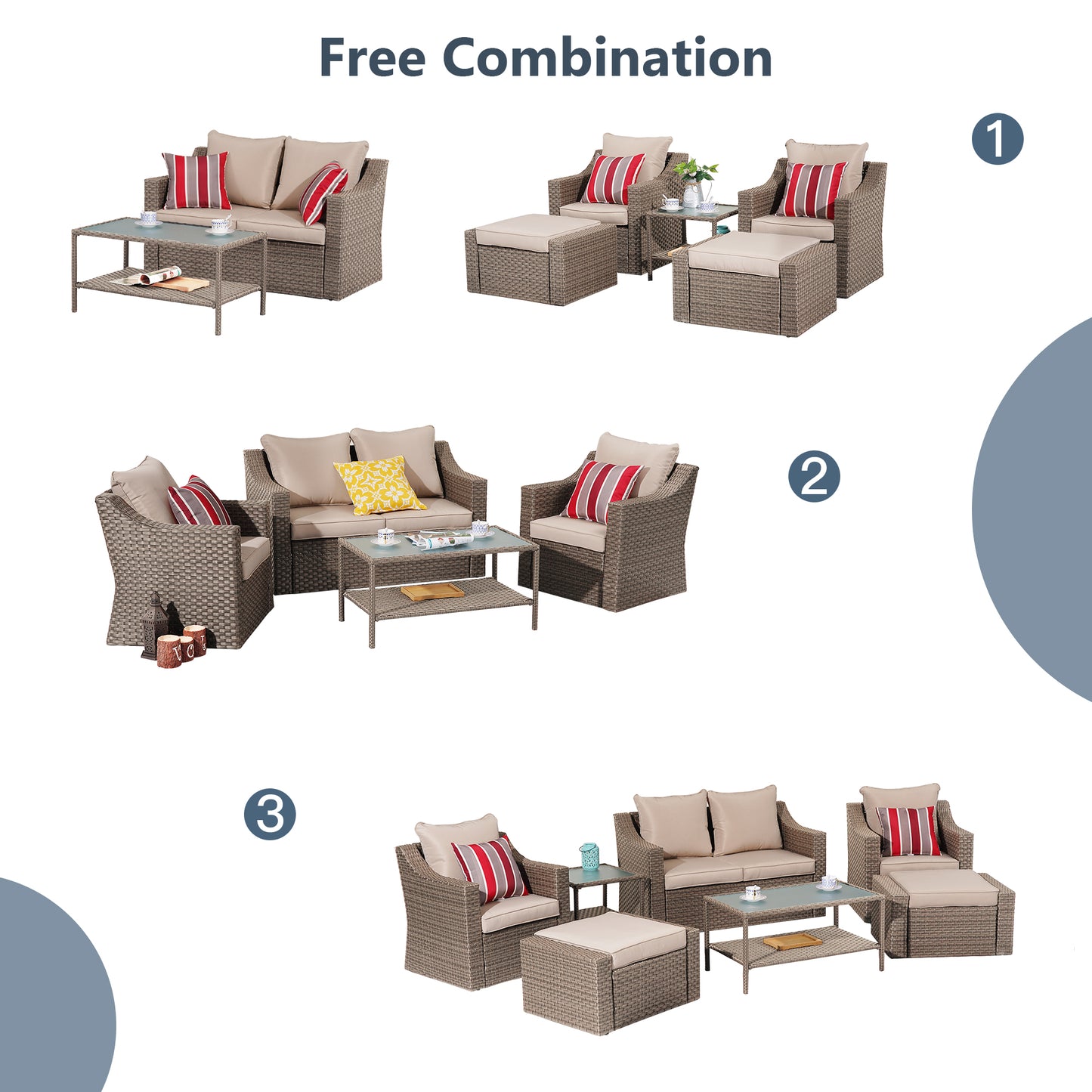 Outdoor Patio Sectional Furniture Set, 7 Piece PE Wicker Patio Conversation Sets Couch with Washable Cushions & Glass Table, Outdoor Rattan Sofa for Garden, Lawn, Backyard (Khaki)