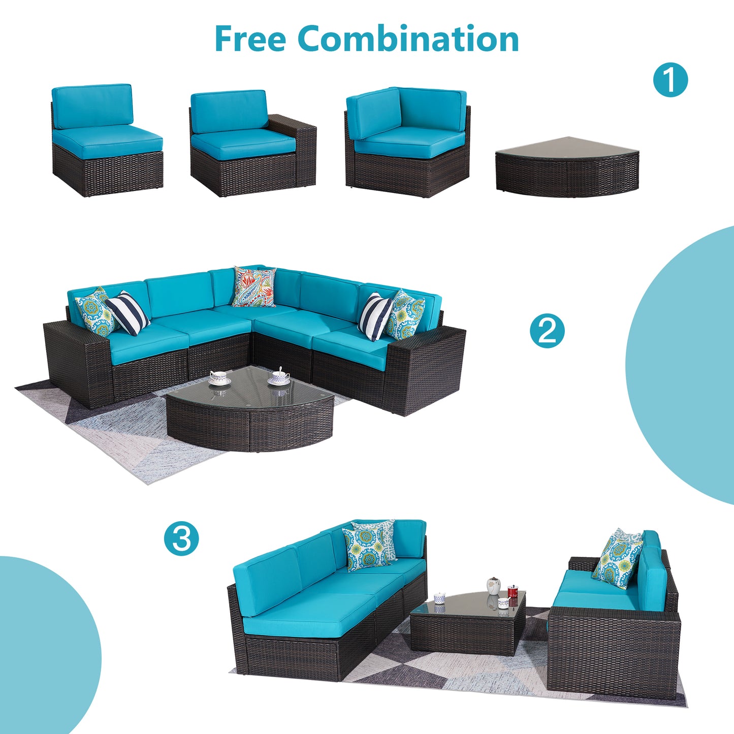 Outdoor Patio Furniture Sets, 6-Piece Patio Sectional Furniture Set, All-Weather Rattan Wicker Patio Sofa Chair, Blue