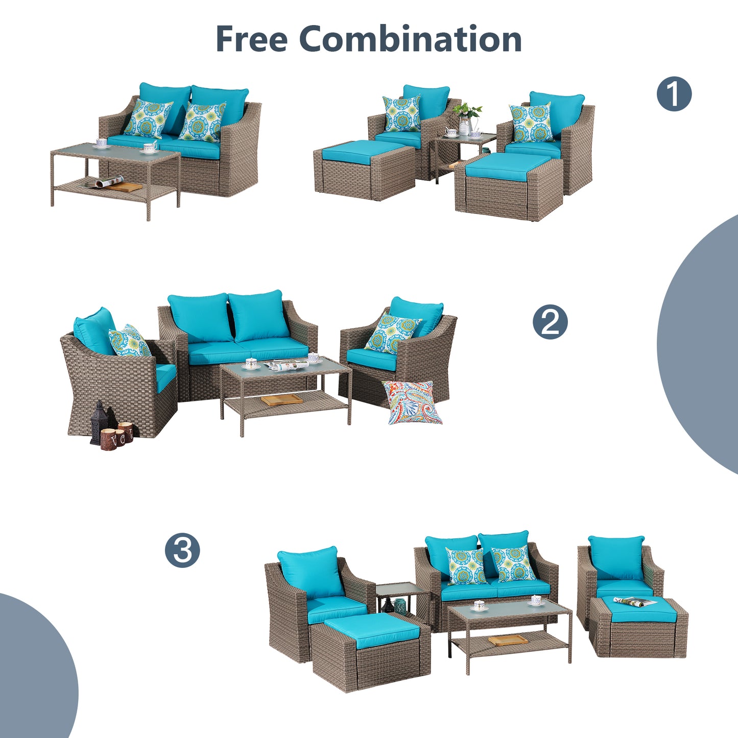 Outdoor Patio Sectional Furniture Set, 7 Piece PE Wicker Patio Conversation Sets Couch with Washable Cushions & Glass Table, Outdoor Rattan Sofa for Garden, Lawn, Backyard (Blue)