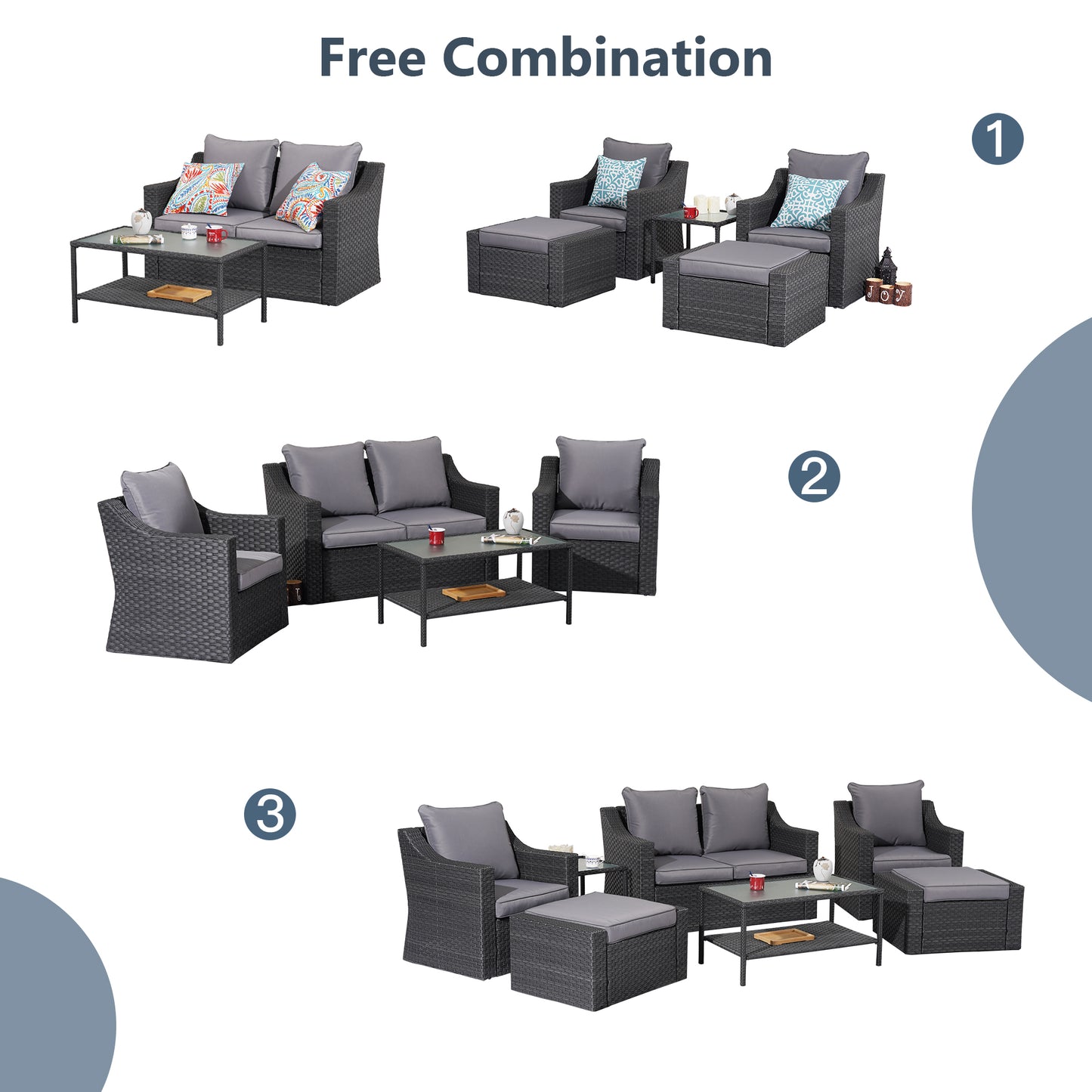 Outdoor Patio Sectional Furniture Set, 7 Piece PE Wicker Patio Conversation Sets Couch with Washable Cushions & Glass Table, Outdoor Rattan Sofa for Garden, Lawn, Backyard (Gray)