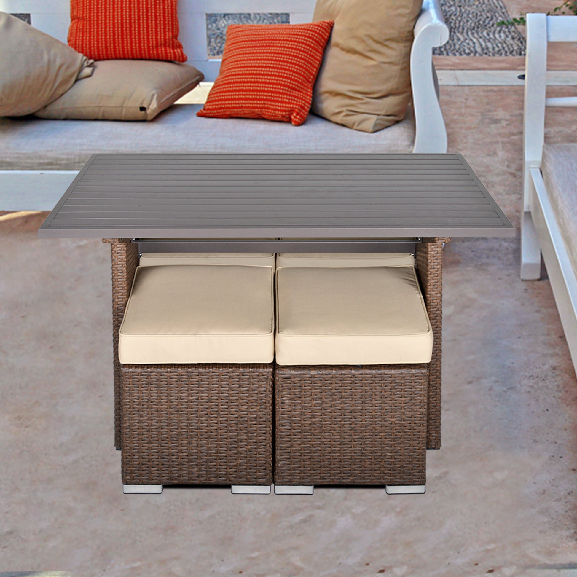 5 Piece Dining Set with 4 Ottoman and Table, Brown - Sunvivi