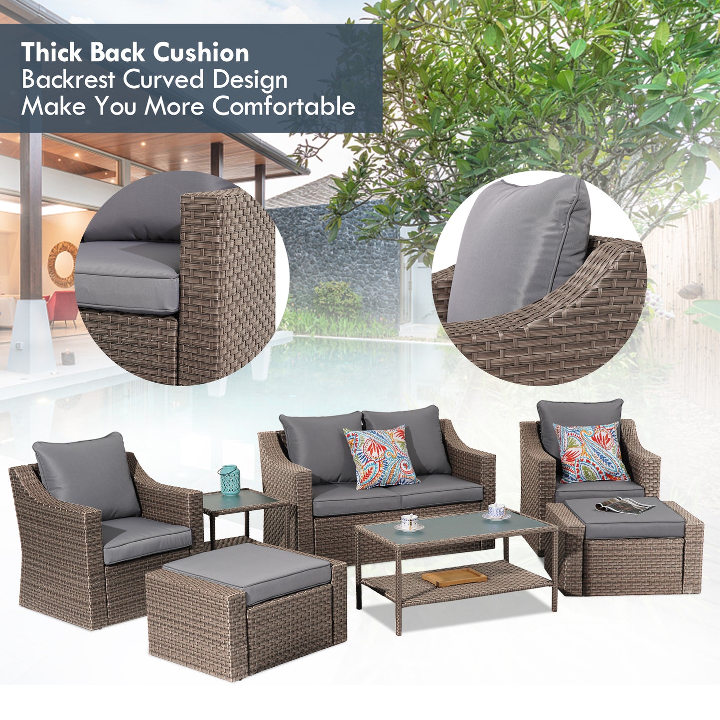 Outdoor Patio Sectional Furniture Set, 7 Piece PE Wicker Patio Conversation Sets Couch with Washable Cushions & Glass Table, Outdoor Rattan Sofa for Garden, Lawn, Backyard (Gray)