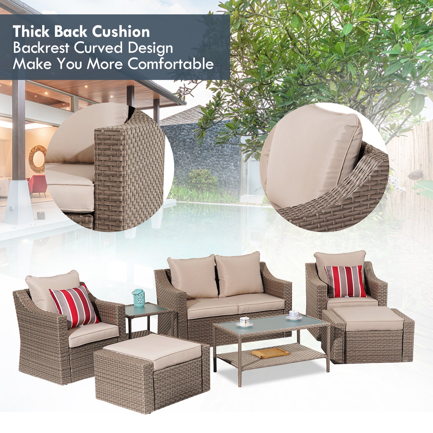 Outdoor Patio Sectional Furniture Set, 7 Piece PE Wicker Patio Conversation Sets Couch with Washable Cushions & Glass Table, Outdoor Rattan Sofa for Garden, Lawn, Backyard (Khaki)