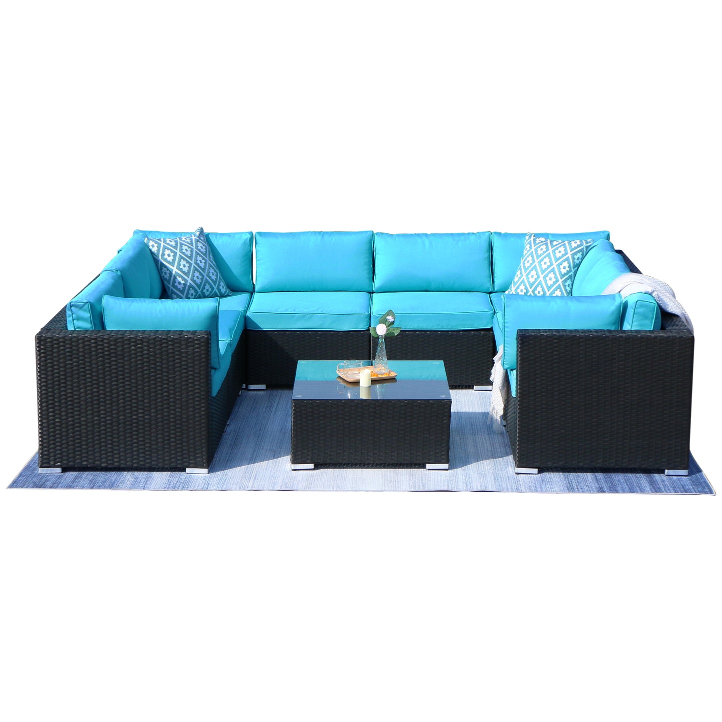 9 Piece Outdoor Conversation Rattan Sofa, with Coffee Table, Turquoise Cushions - Sunvivi