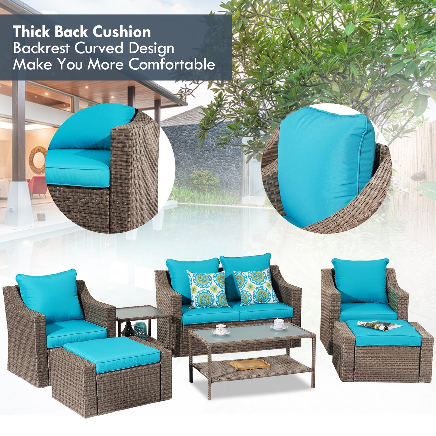 Outdoor Patio Sectional Furniture Set, 7 Piece PE Wicker Patio Conversation Sets Couch with Washable Cushions & Glass Table, Outdoor Rattan Sofa for Garden, Lawn, Backyard (Blue)