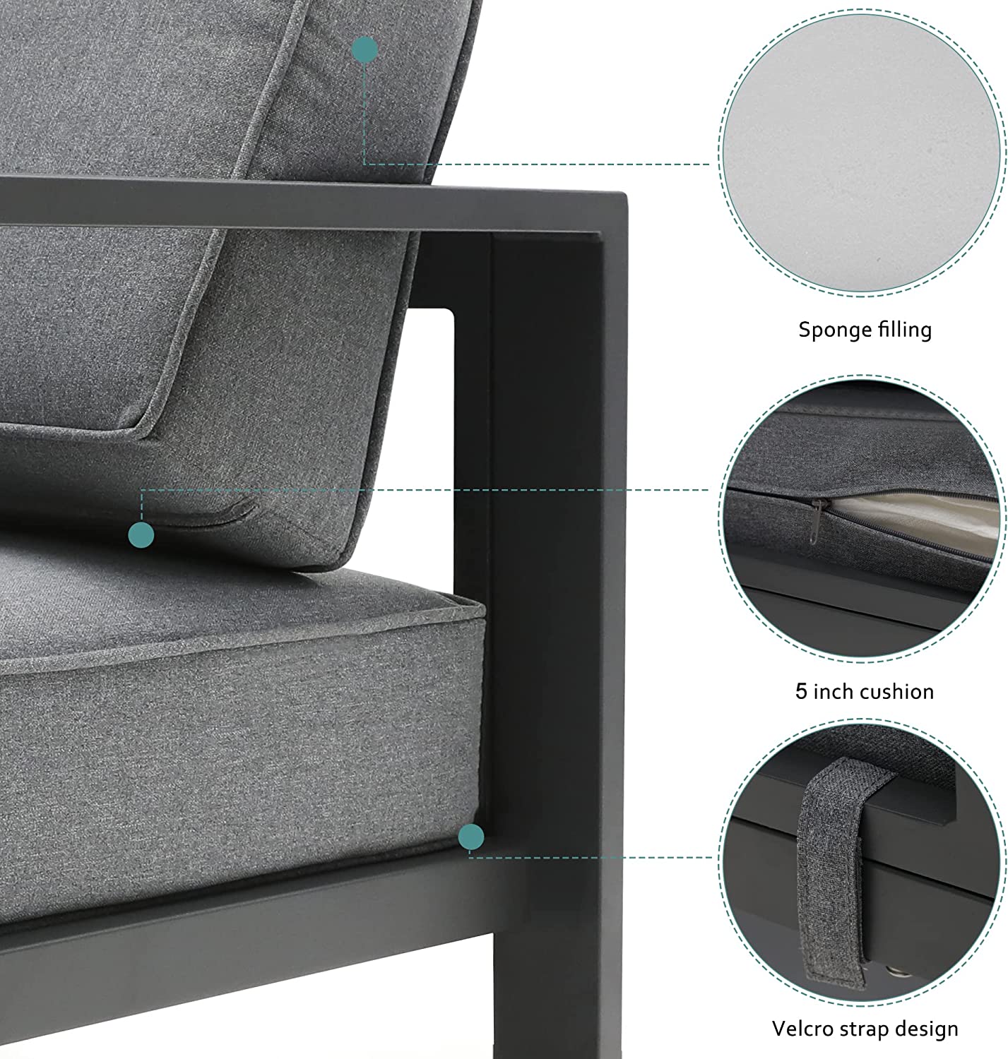 5 Pieces Aluminum Patio Furniture Set, Outdoor Conversation Set All-Weather Modern Metal Couch Sofa