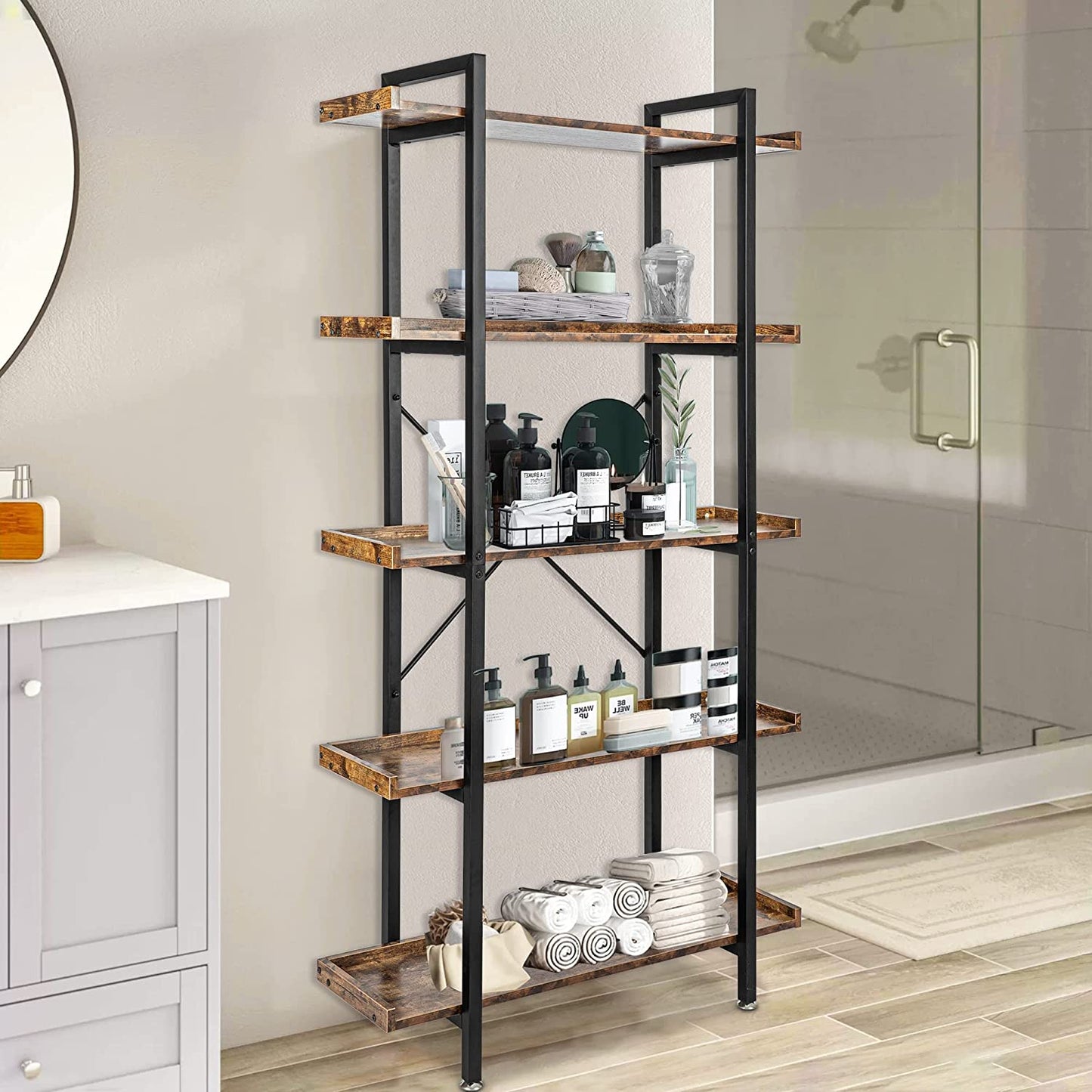 5 Tier Bookshelf Industrial Wood and Metal Bookcase