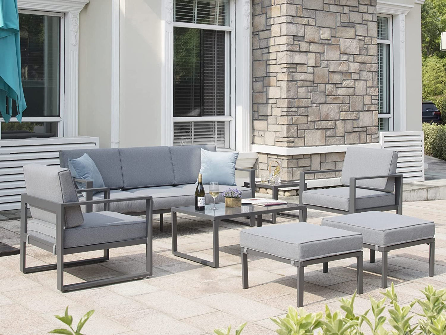 7 Pieces Aluminum Patio Furniture Set, All-Weather Outdoor Couch Conversation Set Modern Metal Sectional Sofa