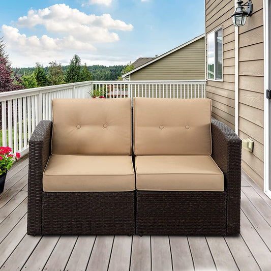 Outdoor Loveseat Patio Furniture Corner Sofa, All-Weather Brown Wicker 2-Piece Rattan Outdoor Sectional Couch Sofa Set with Non-slip Cushions,Aluminum Frame