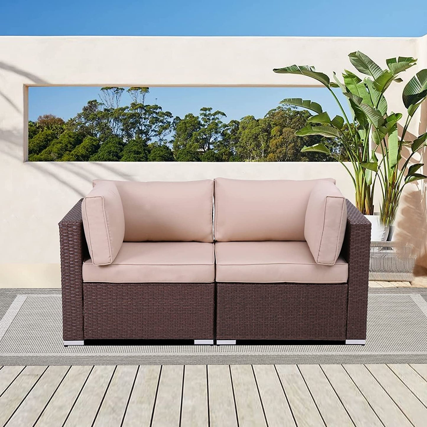 DIY Outdoor Loveseat Patio Furniture Corner Sofa, 2 Piece Wicker Rattan Outdoor Sectional Sofa Set with Removable Turquoise Cushions,Extra Chair for SUNVIVI OUTDOOR Furniture
