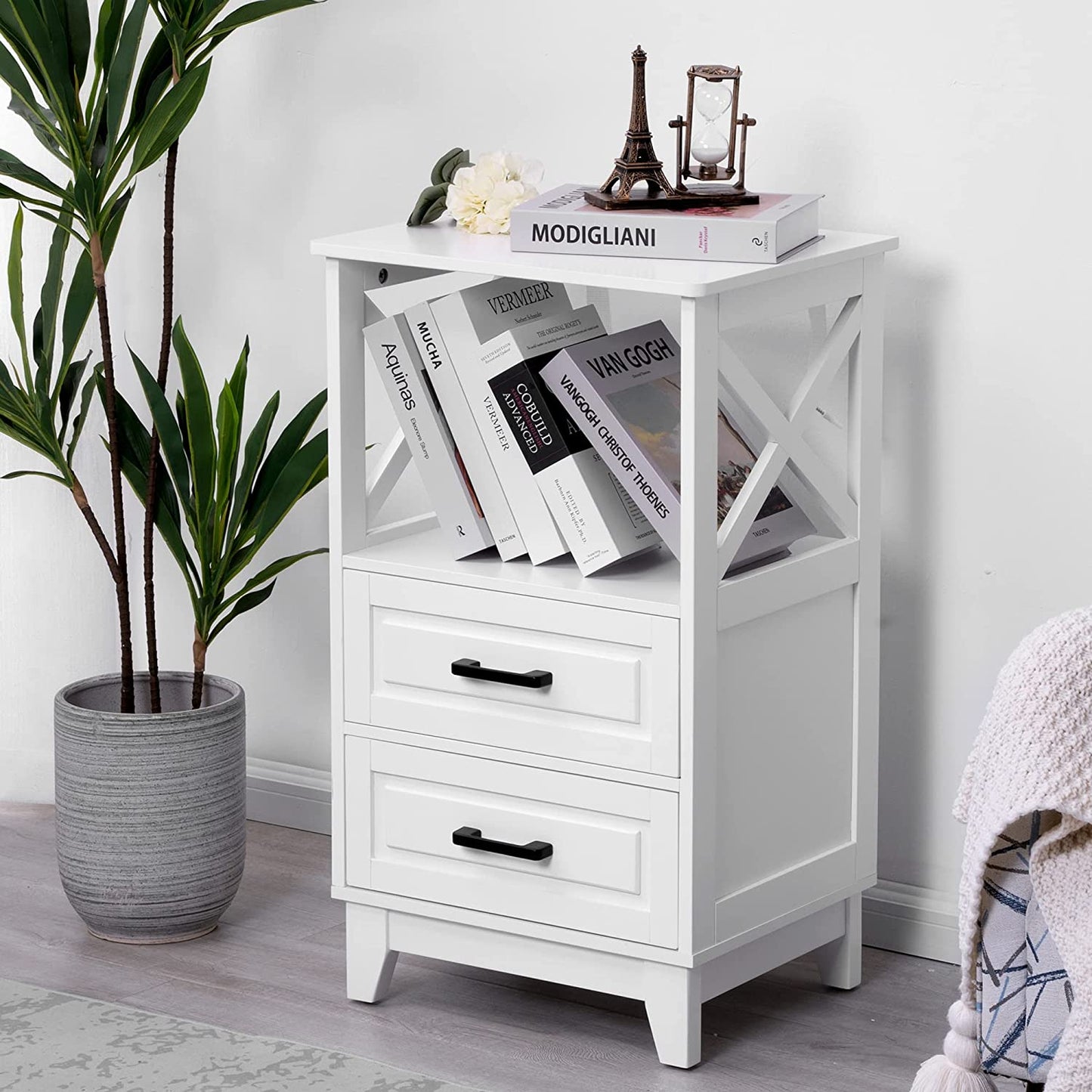 White Nightstand with 2 Drawers, Wood Bedside Tall End Table