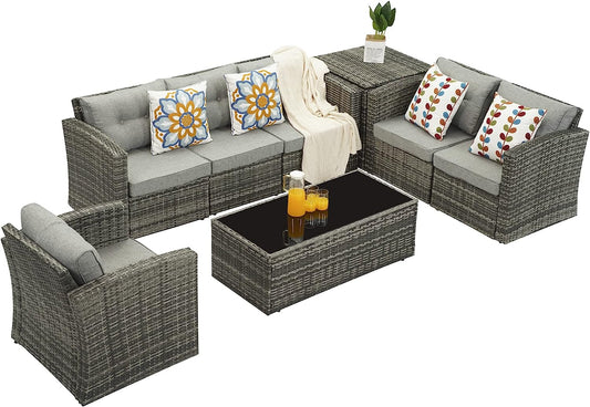 Outdoor Patio Furniture Set,8 Pieces Outdoor Sectional Wicker Sofa PE Rattan Conversation Sets with Non-slip Cushions,Aluminum Frame,Grey